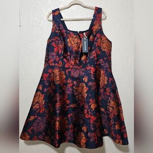 NWT Vintage Inspired Square Neck Flare Dress In Navy with Metallic Detail